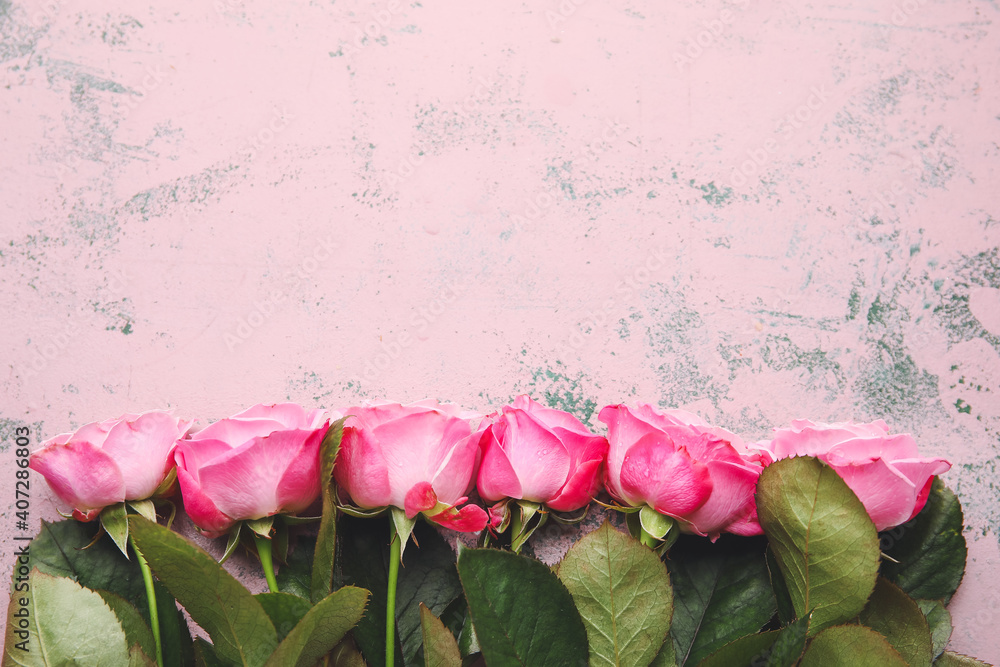 Beautiful pink roses on color background - obrazy, fototapety, plakaty 