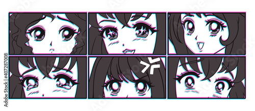 Six pairs of anime eyes look. Manga style.