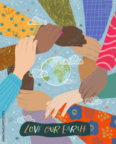Earth Day! Vector illustration on the theme of love, ecology and protection of our planet earth, protecting the hands of people. Social poster or freehand drawing
