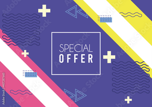 special offer lettering in purple memphis background