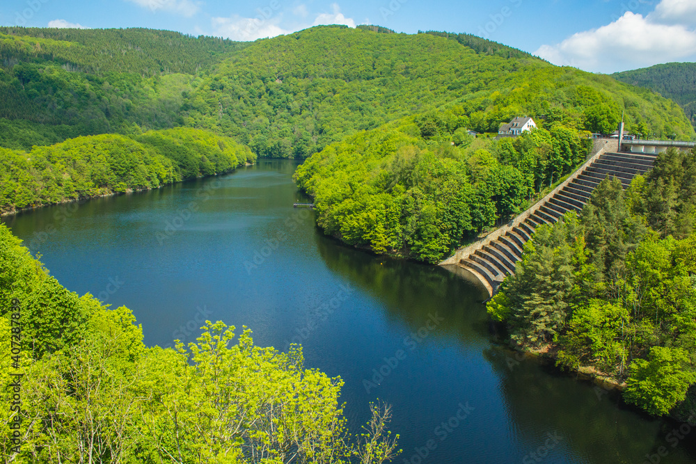 Urft Dam (Urfttalsperre) with Urft Lake at Eifel National Park in North Rhine-Westphalia, Germany. Urft Dam (Urfttalsperre) with Urft Lake at Eifel National Park in North Rhine-Westphalia, Germany.