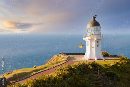 Cape Reinga Lighthouse in New Zealand. Famous landmark on the North Island. photo