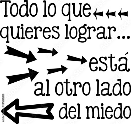 Todo lo que quieres lograr está al otro lado del miedo,  frase positiva motivacional inspiradora con tipografía expresiva para vinilos decorativos o decoración fondo tipográfico