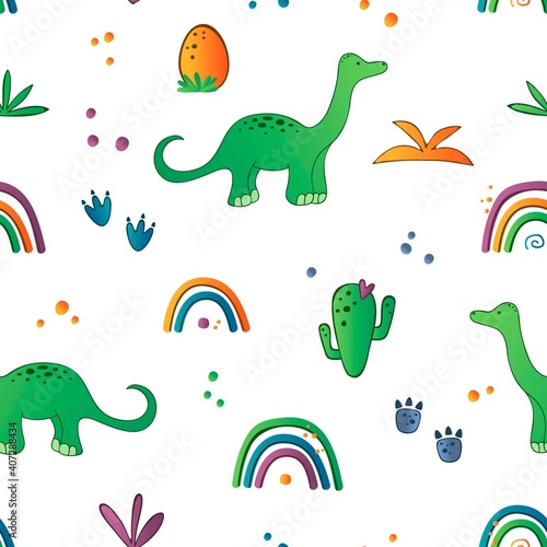 Seamless pattern with lovely dinosaur items. Dino colorfull print for kids decor. Vector illustration.