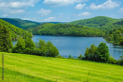 Rursee at Eifel National Park, Germany. Scenic view of lake Rursee and surrounded green hills in North Rhine-Westphalia © Joppi