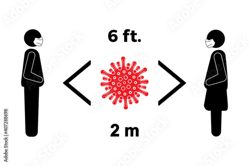 Coronavirus COVID-19 social distancing icon clip art concept. Stay six feet or two meters apart