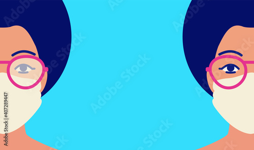 Banner concept of fogging glasses with copy space. Sweaty glass. Mirror portrait of a girl wearing a medical disposable mask and glasses with a fog problem. Vector flat illustration