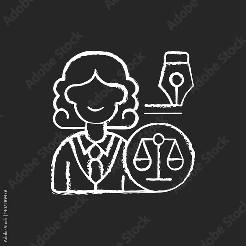 Law department chalk white icon on black background. Dealing with legal affairs. Ensuring company legality and compliance actions. Litigation, investigation. Isolated vector chalkboard illustration