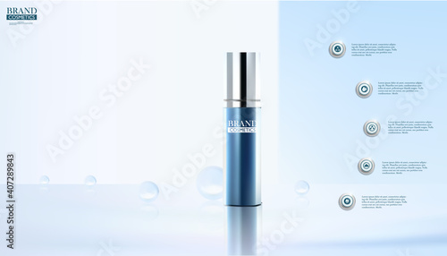 cosmetic bottle on abstract Blue background or banner for cosmetic ads.glass ball. Promotion Element. Skin Care.3D vector illustration.