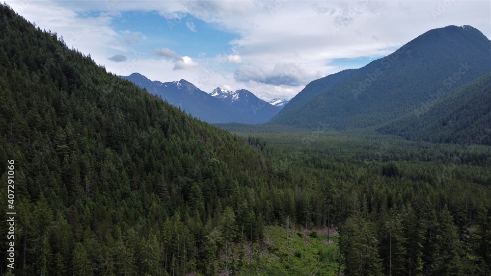 Forested valley with mountains surrounding and in the distance