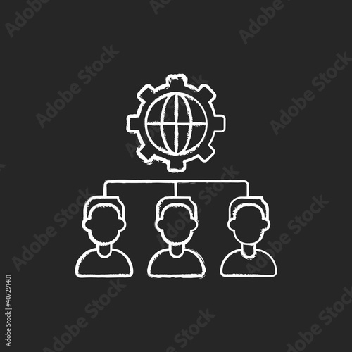 Outsourcing chalk white icon on black background. Obtaining goods and services from foreign supplier. Business practice. Hiring company for performing tasks. Isolated vector chalkboard illustration