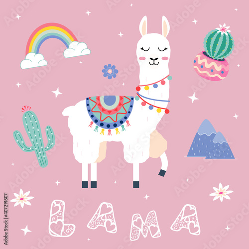 Cute cartoon lama with cactus rainbow vector design on pink