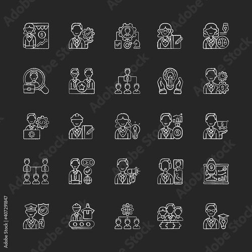 Company structure chalk white icons set on black background. Corporate hierarchy. Leadership and personnel. Marketing tactic. Supporting management. Isolated vector chalkboard illustrations