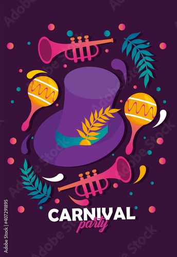 mardi gras carnival party celebration with hat and instruments