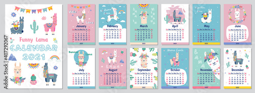 2021 Cute monthly calendar with llama,luggage,cactus,geometrical for children.Can be used for web,banner,poster,label and printable