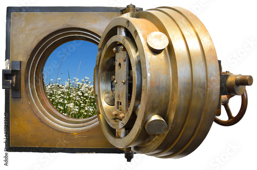 A photo illustration depicting the value of nature, a field of lowers seen through thr door of a safe