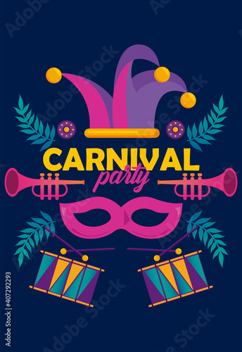 mardi gras carnival party celebration with instruments and jester hat