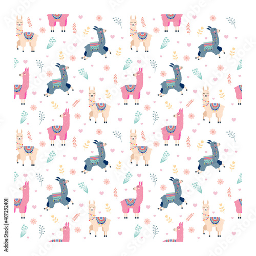 Cute pattern lama with flowers vector design on white