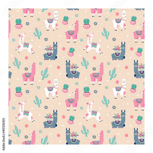 Seamless pattern with lama and cactus. Vector background