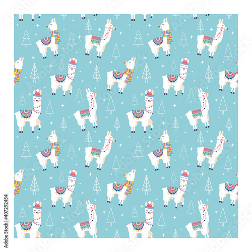 Cute pattern lama with flowers vector design on blue