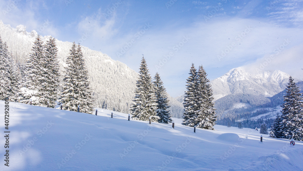 Mountain valley in winter. Chochołowska Valley, Tatra Mountains, Poland Mountain valley in winter. Chochołowska Valley, Tatra Mountains, Poland