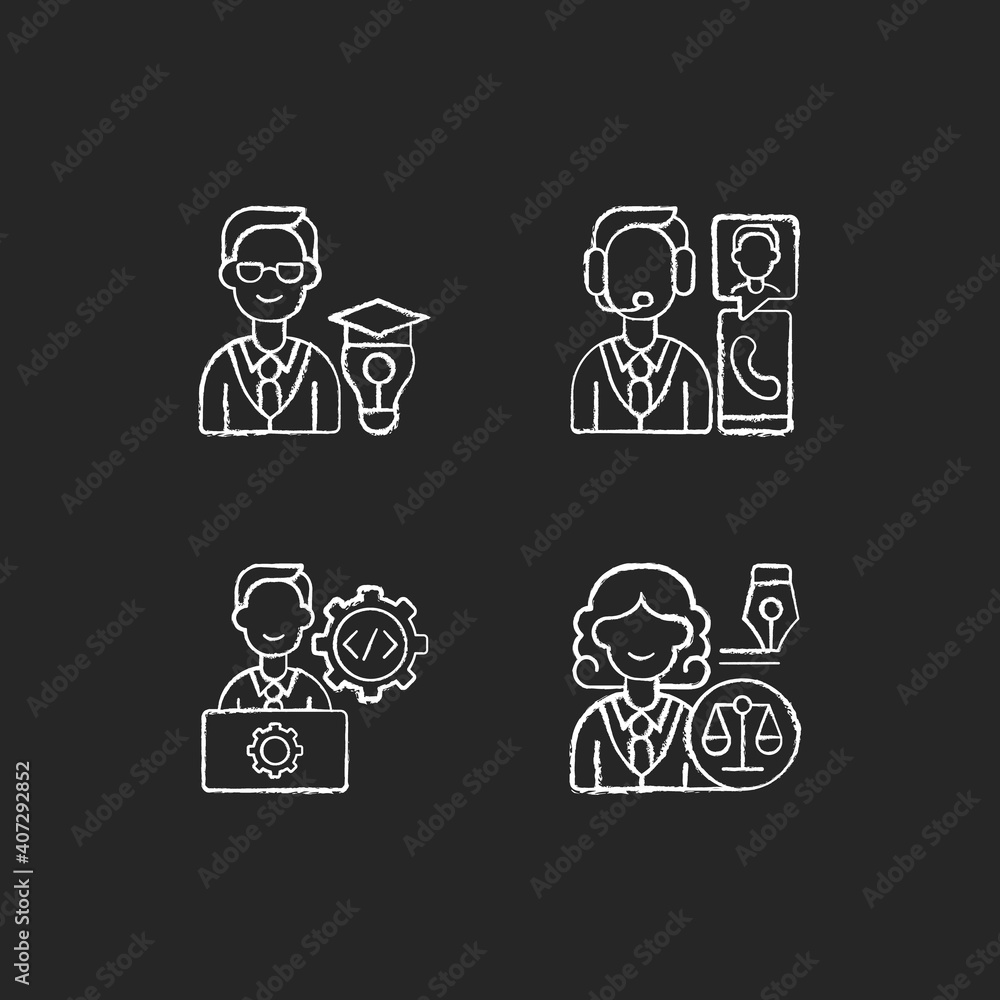 Management structure chalk white icons set on black background. Educational management. Customer service and support. IT department. Legal affairs. Isolated vector chalkboard illustrations Management structure chalk white icons set on black background. Educational management. Customer service and support. IT department. Legal affairs. Isolated vector chalkboard illustrations