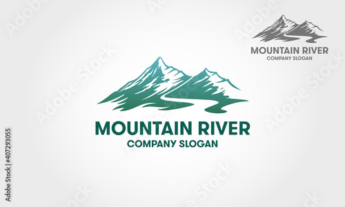 Mountain River Vector Logo Template. Is a clean, modern, elegant logo suitable for nature & mountain business like an adventure sports company, a natural line of products, hotels, resorts, etc.