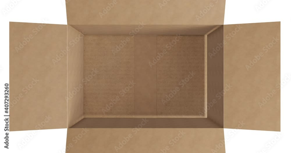 Overhead of empty brown cardboard box with lid opening on white background Overhead of empty brown cardboard box with lid opening on white background