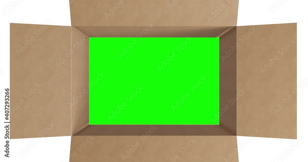 Overhead of green screen in brown cardboard box with lid opening on white background Overhead of green screen in brown cardboard box with lid opening on white background