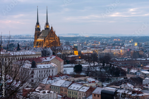 Aerial view of the The Cathedral of Saints Peter and Paul in Brno in Czech Republic. Winter sunrise time . View from Spilberk Castle 