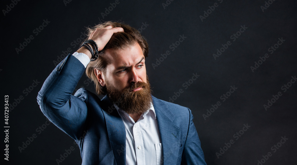 Man bearded hipster modern outfit for business life, solving problems concept