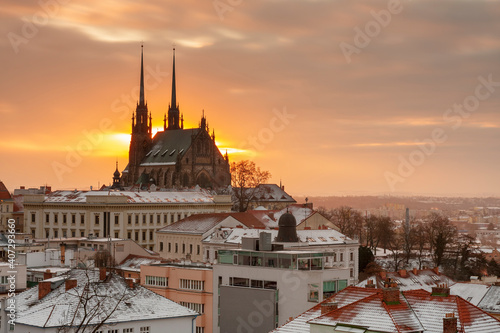 Aerial view of the The Cathedral of Saints Peter and Paul in Brno in Czech Republic. Long exposure, used neutral density filter at winter sunrise time . View from Spilberk Castle 