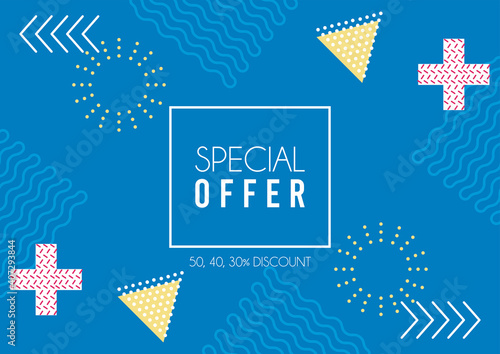 special offer lettering in blue memphis background