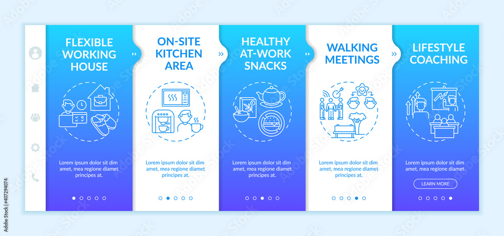 Corporate wellbeing examples onboarding vector template. On-site kitchen area. Walking meetings. Responsive mobile website with icons. Webpage walkthrough step screens. RGB color concept Corporate wellbeing examples onboarding vector template. On-site kitchen area. Walking meetings. Responsive mobile website with icons. Webpage walkthrough step screens. RGB color concept