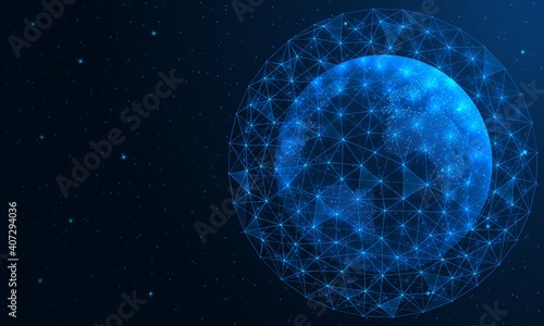 Global coverage of the planet by fiber connection. Access to the network from anywhere in the world. Polygonal construction of concatenated lines and points. Blue background.
