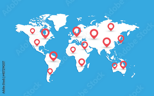 world map with red pins