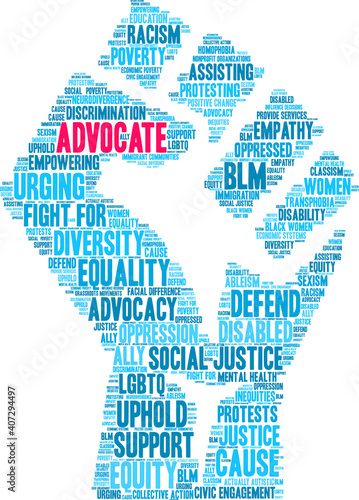 Advocate Word Cloud on a white background. 