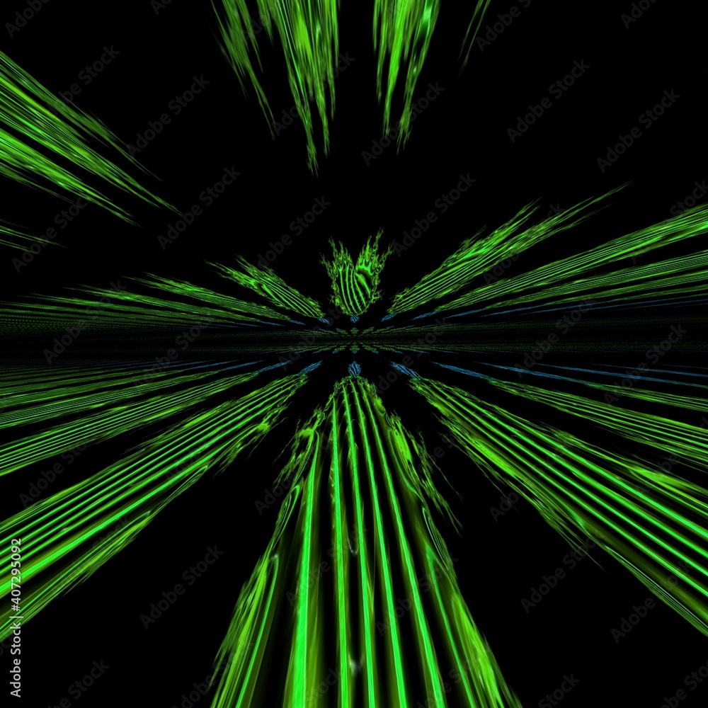 Obraz premium vanishing point from neon green stripes on a black background