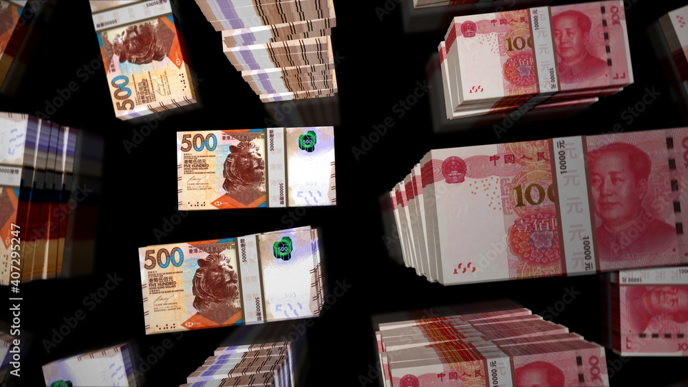 Flight over Hong Kong Dollar and Chines Yuan money banknote packs illustration Flight over Hong Kong Dollar and Chines Yuan money banknote packs illustration