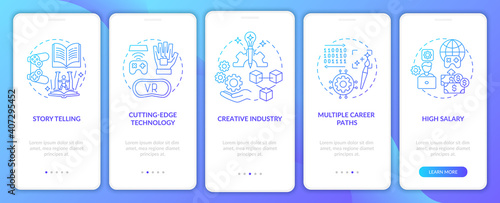 Game design industry benefits onboarding mobile app page screen with concepts. High salary walkthrough 5 steps graphic instructions. UI vector template with RGB color illustrations