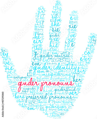 Gender Pronouns Word Cloud on a white background. 