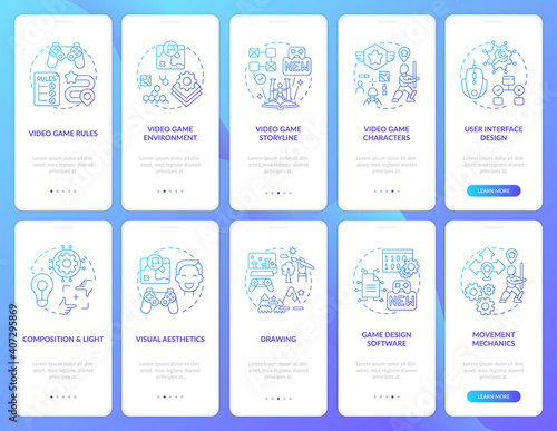 Video game design onboarding mobile app page screen with concepts set. Video game creation process walkthrough 10 steps graphic instructions. UI vector template with RGB color illustrations