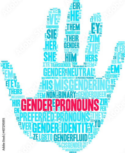 Gender Pronouns Word Cloud on a white background. 