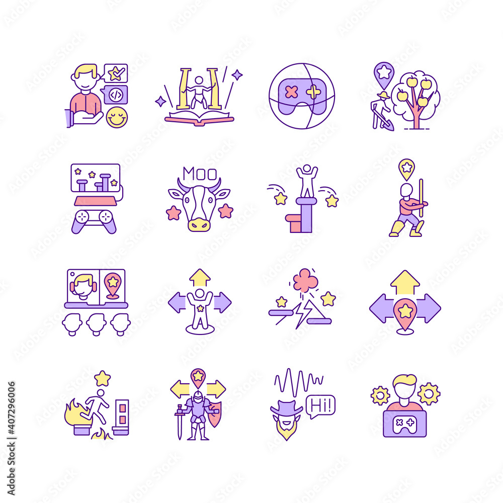 Video game design RGB color icons set. Drawing game levels. Creating voice character. Movement mechanics. Reaching end of level. Happy customer reviews. Isolated vector illustrations Video game design RGB color icons set. Drawing game levels. Creating voice character. Movement mechanics. Reaching end of level. Happy customer reviews. Isolated vector illustrations