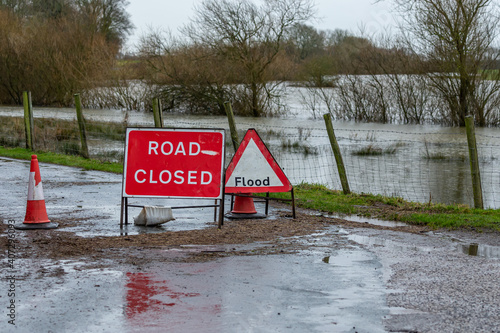 Fototapeta Road Closed and Flood signage in the rural village of Breighton due to flooding caused by Storm Christoph and heavy rains in North Yorkshire, UK