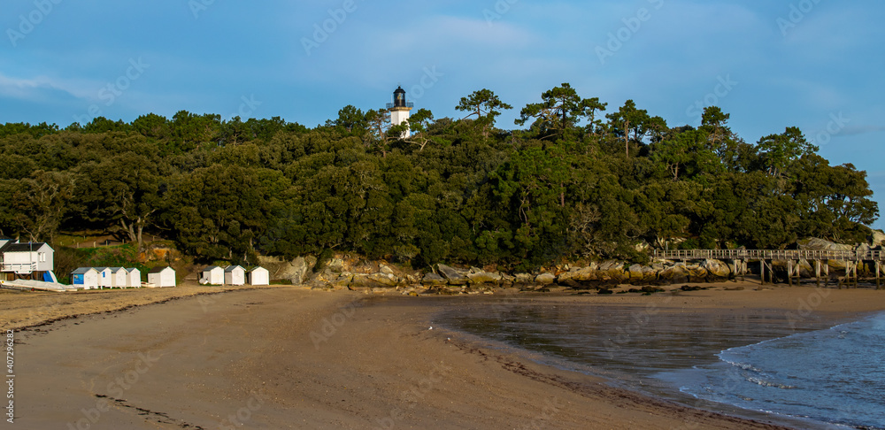 Vendée, France: Bois de la Chaize beach and the lighthouse of the ladies, on the island of Noirmoutier, January 2021.