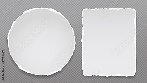 Set of torn white round note, notebook paper pieces stuck on dark squared grey background. Vector illustration