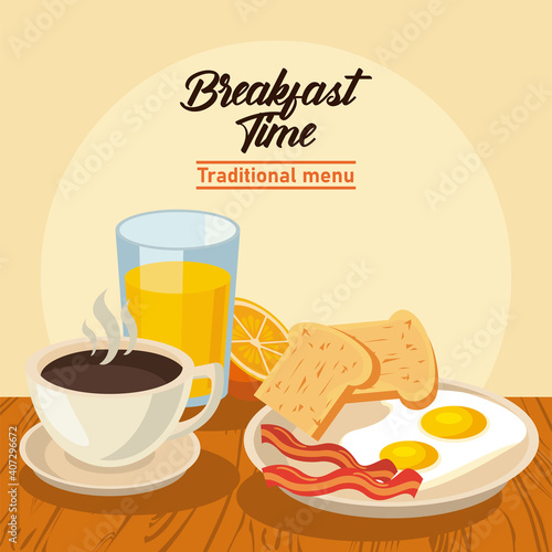 breakfast time lettering poster with eggs frieds and drinks