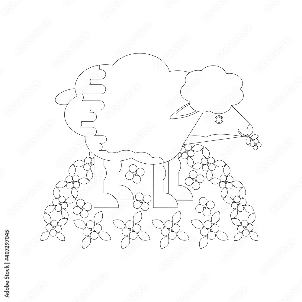 Illustration with a sheep in a meadow among the flowers. Zenart. Anti-stress coloring.. Illustration with a sheep in a meadow among the flowers. Zenart. Anti-stress coloring..