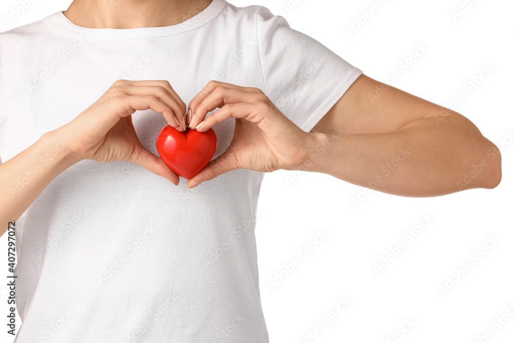 Woman with red heart on white background Woman with red heart on white background